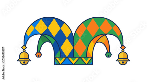 A colorful jester's hat with two bells, adorned with diamond patterns in blue, green, yellow, and orange.