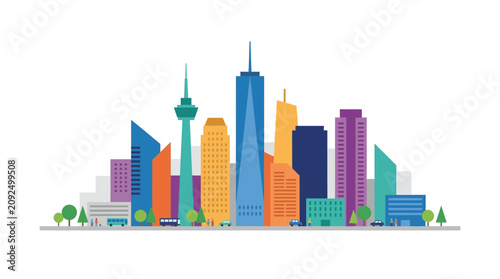 A colorful, stylized illustration depicts a modern city skyline with various tall buildings and urban elements.