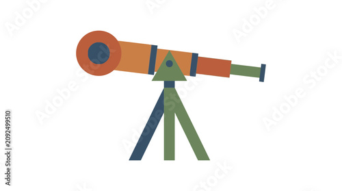 A colorful, stylized telescope is mounted on a tripod, ready for observation.