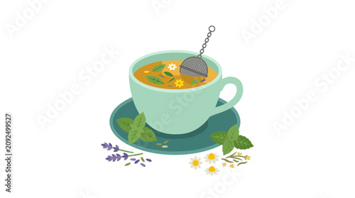 A cup of herbal tea with mint, lavender, and chamomile, brewed using a tea infuser.
