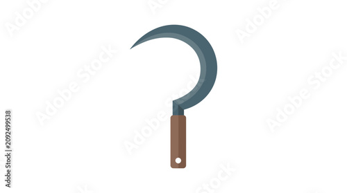 A curved agricultural tool with a sharp blade and a wooden handle, used for harvesting crops.