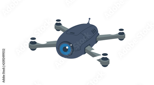 A dark blue drone with a prominent blue eye camera and four propellers is depicted in an isometric view.
