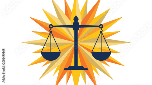 A dark blue silhouette of a justice scale stands against a vibrant, starburst-like background of orange and yellow rays.