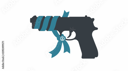 A dark silhouette of a handgun is adorned with a teal ribbon featuring a peace symbol.