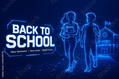 Two young students walking together carrying backpacks and books towards a school building. futuristic low ply. neon welcome back to school (usa/canada) education and study