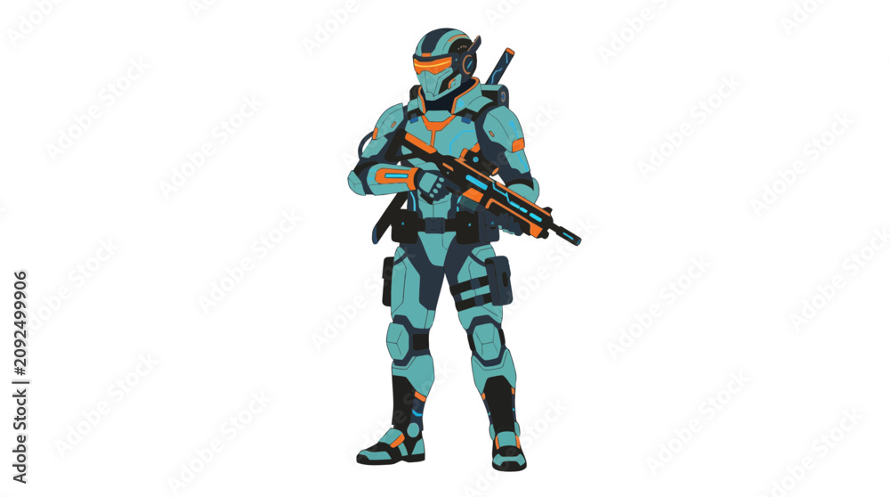 Fototapeta premium A futuristic soldier in teal and orange armor stands holding a rifle, with a sword sheathed on their back.