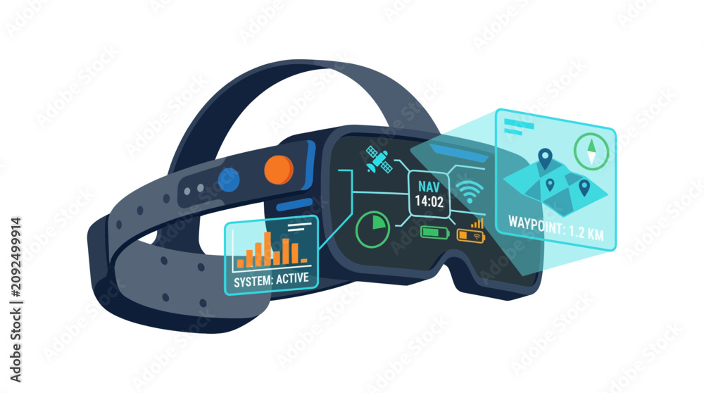 Fototapeta premium A futuristic headset displays navigation, system status, and a map with waypoints, indicating advanced technology.