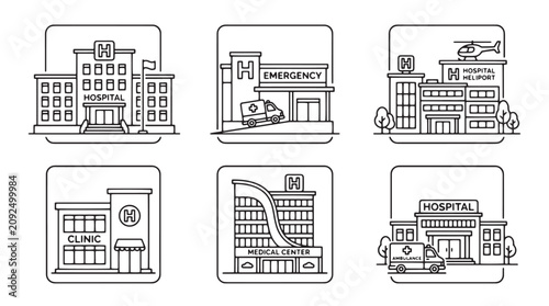 Foto Modern hospital line icons set, medical center and emergency clinic building ill