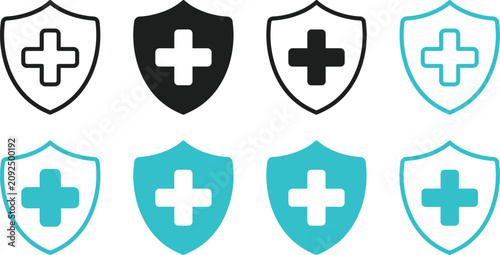 Foto Set of medical shield icons featuring cross symbols in various styles for health