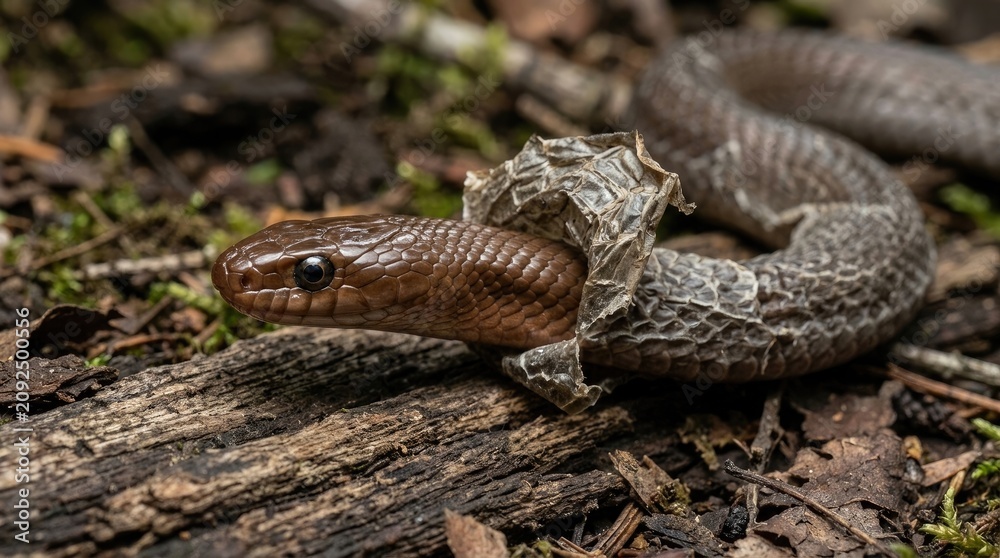 Fototapeta premium Red-bellied snake resting on dark wooden logs in the forest
