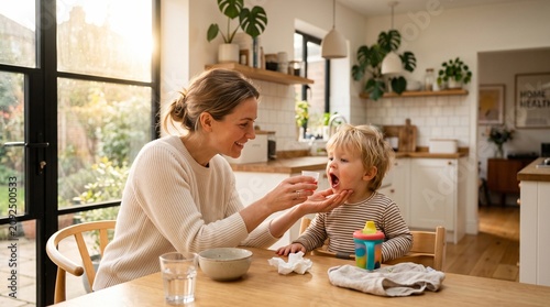 Mother giving cough medicine to a toddler in kitchen. Woman caring for sick child with medication. Home healthcare treatment for respiratory illness and flu symptoms in young kid.