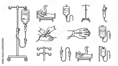 Foto Medical IV drip line icons set, intravenous therapy equipment and hospital patie