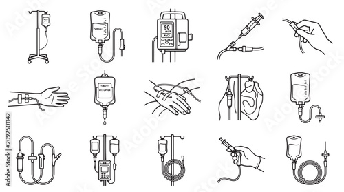 Cuadro en lienzo Medical IV drip line icons set, intravenous therapy and saline bag vector elemen