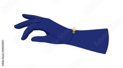 A stylized illustration of a gloved hand wearing a pearl ring, with fingers delicately posed.