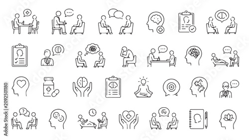 Foto Mental health therapy line icons, collection of 28 psychology and counseling vec