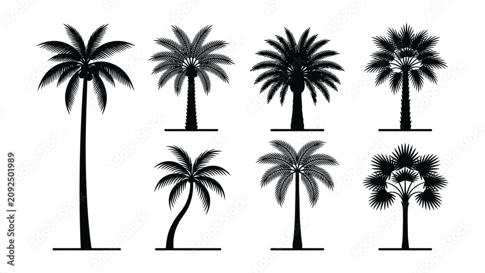 Obraz premium Collection of various palm tree silhouettes on white background