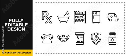 flat vector illustration line art icon bundle set design showcasing medical pharmacy drugs medical prescriptions chemistry flasks safety face masks and emergency vehicles