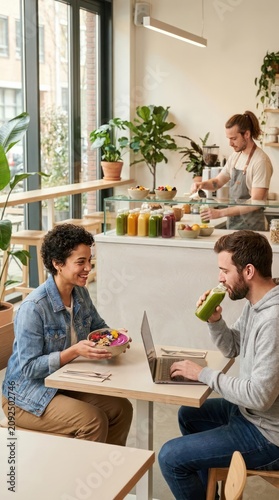 People working and drinking juice in bright cafe.
