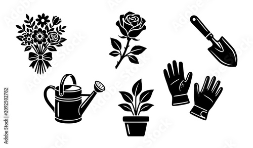 Bild auf Leinwand Gardening tools and floral arrangement silhouette set