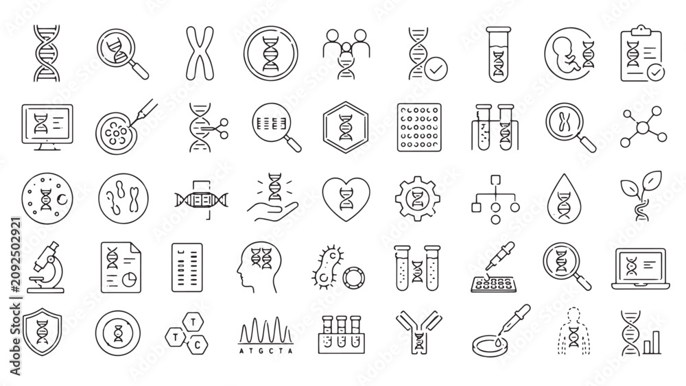 Fototapeta premium Genetics and DNA research line icons, 50 biotechnology and genome sequencing vector symbols, medical laboratory science icons for bioengineering isolated on White Background