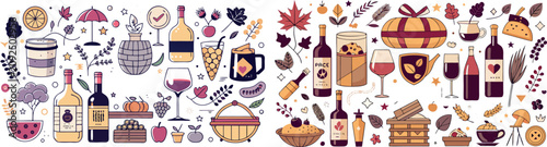 Bild auf Leinwand Autumn wine and food icons with leaves