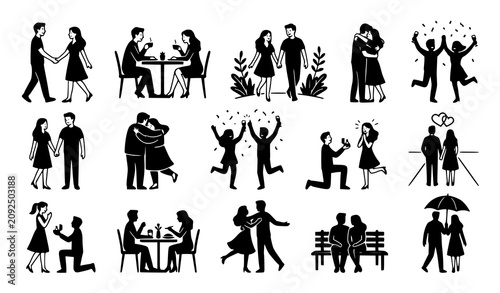 Fotografie Romantic couple silhouettes collection dates proposals and affectionate moments