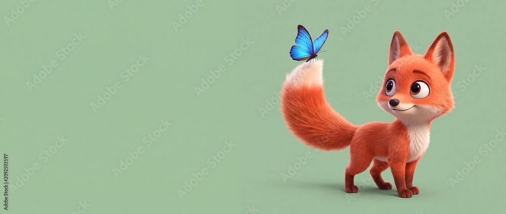 Fototapeta premium Cute cartoon red fox looking at blue butterfly on fluffy tail in a minimalist 3D animation style, wide banner copy space, bright whimsical animal character illustration on light green background.