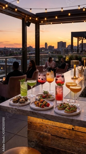 Rooftop bar appetizers and cocktails at sunset cityscape