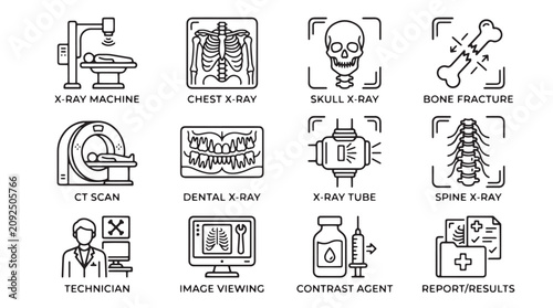 Bild auf Leinwand Medical X-ray and radiology line icon set, 12 diagnostic imaging vector elements