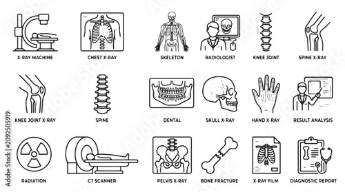 Bild auf Leinwand Medical x-ray line icons set, radiology diagnostic equipment symbols, healthcare