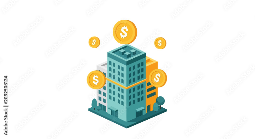 Naklejka premium Isometric Real Estate Investment Illustration with Buildings and Floating Dollar Coins, Conceptual Property Value and Mortgage Concept for Finance and Banking