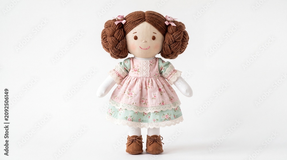 Fototapeta premium Handmade fabric doll with braided yarn hair wearing a floral dress standing on white background