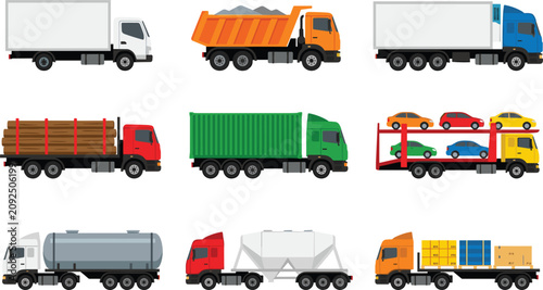 Quadro su tela Flat Color Commercial Cargo Trucks Vector Set Featuring Box Van Dump Truck Car T