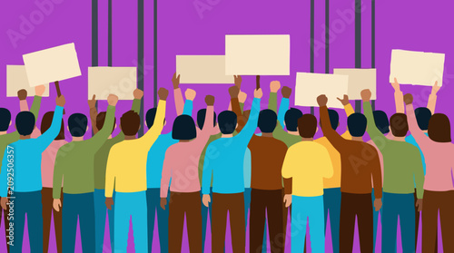 Crowd of people protesting, holding blank signs and raising fists
