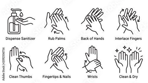 Fotografía Hand washing technique line icons, set of 8 hygiene instruction symbols, medical