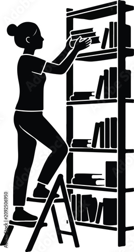 Woman standing on a stepladder arranging books on a bookshelf vector illustration