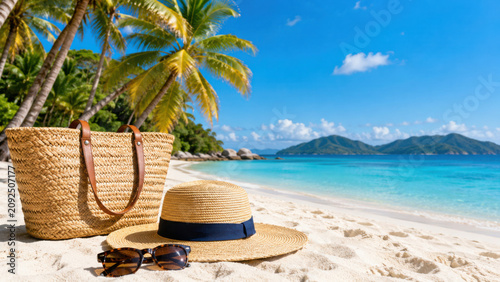 Summer Bank Holiday escape to paradise, tropical beach vacation background with straw bag and sun hat, turquoise ocean water and palm trees