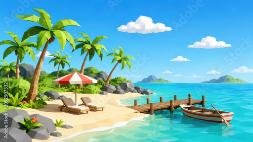 Calm 3D tropical beach vacation background with wooden pier and sunbeds