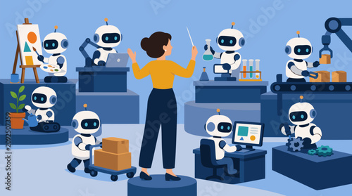 Woman orchestrating team of helpful AI robots performing diverse workplace tasks including art computing science logistics and manufacturing in modern automated office environment