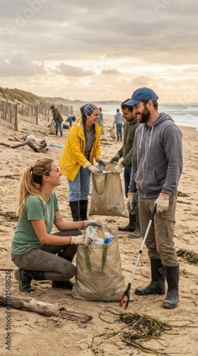 Volunteers cleaning plastic waste on sandy beach.