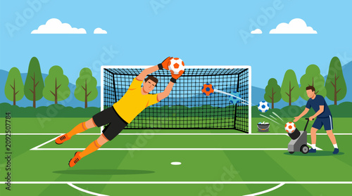 Professional soccer goalkeeper diving to catch football during training session with ball launcher machine on green field, showcasing athletic skills and goalkeeper practice in sports illustration
