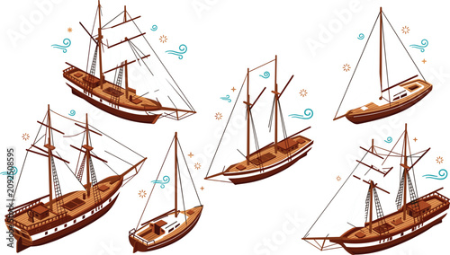 Tableau sur toile Isometric Historic Wooden Sailing Ships Vector Set Featuring Vintage Galleons Ca