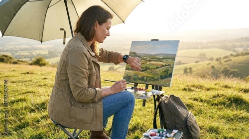 Woman painting landscape on canvas in sunny field.