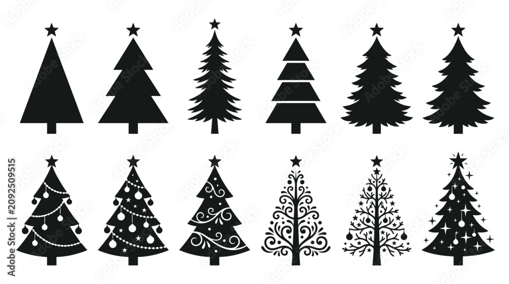 Obraz premium Christmas tree vector collection featuring various black silhouette shapes for holiday season greeting card design projects