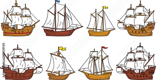 Quadro su tela Vintage Sketch Style Wooden Sailing Ships Vector Set Featuring Historical Galleo