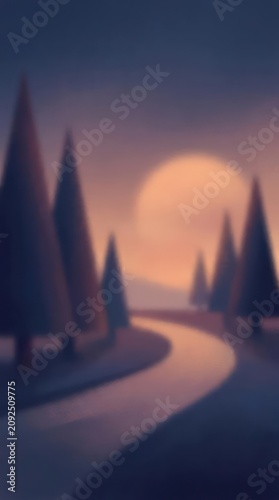 Abstract sunset landscape with winding path and silhouettes.