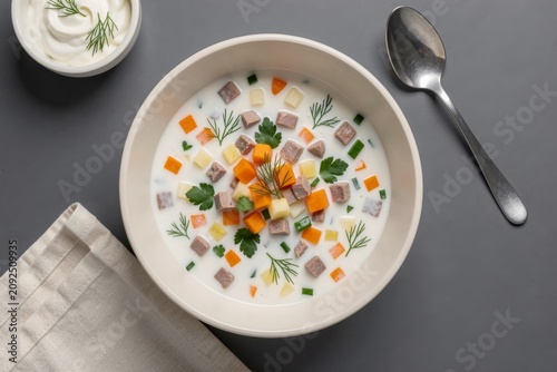 Bowl of Okroshka featuring cold soup with kefir, mixed with vegetables and meat. Concept of fresh, vibrant dish showcasing ingredients beautifully arranged.