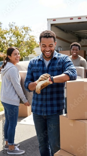 Couple smiling while moving boxes into new home.