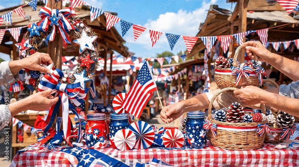 Fototapeta premium People arranging festive american independence day decorations on a rustic market table with patriotic items
