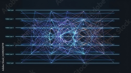 Deep learning neural network architecture with input, hidden, and output layers showing complex data processing connections transparent background